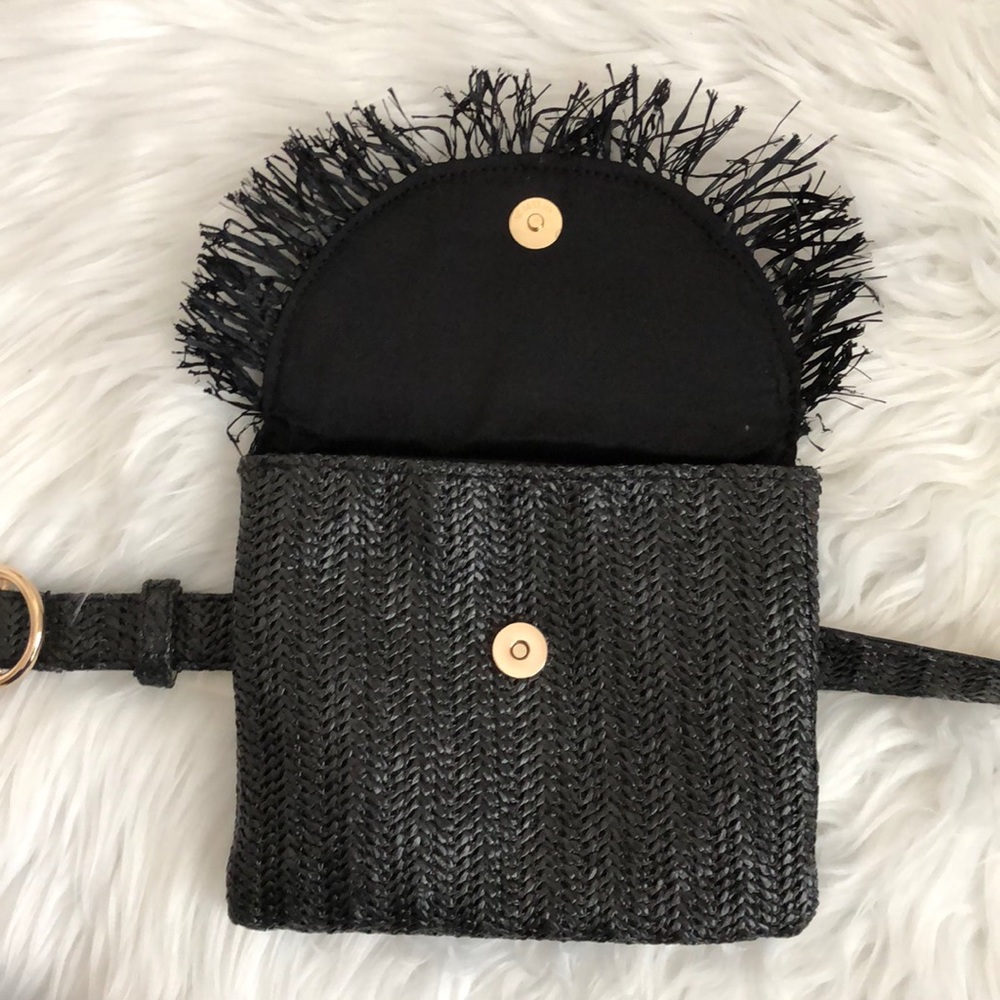NWT INC Black Straw Fringe Purse Bag Belt - Picture 5 of 7